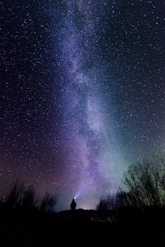 A breathtaking view of the Milky Way above a silhouetted figure exploring the night sky.