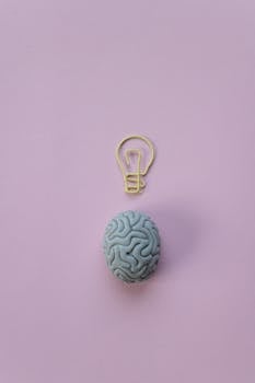 Brain-shaped eraser with a light bulb paperclip on a pastel pink background. Ideal for education and creativity themes.