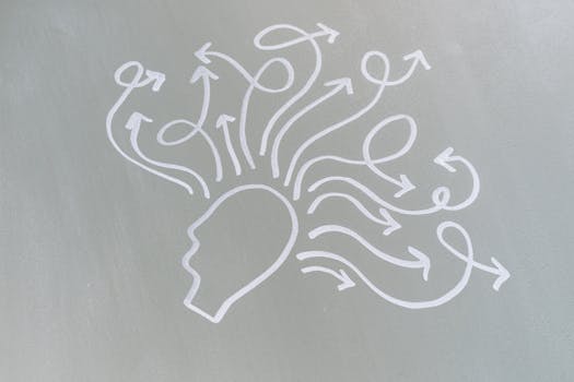 Chalk drawing of a head with swirling arrows represents mental activity and thought process.